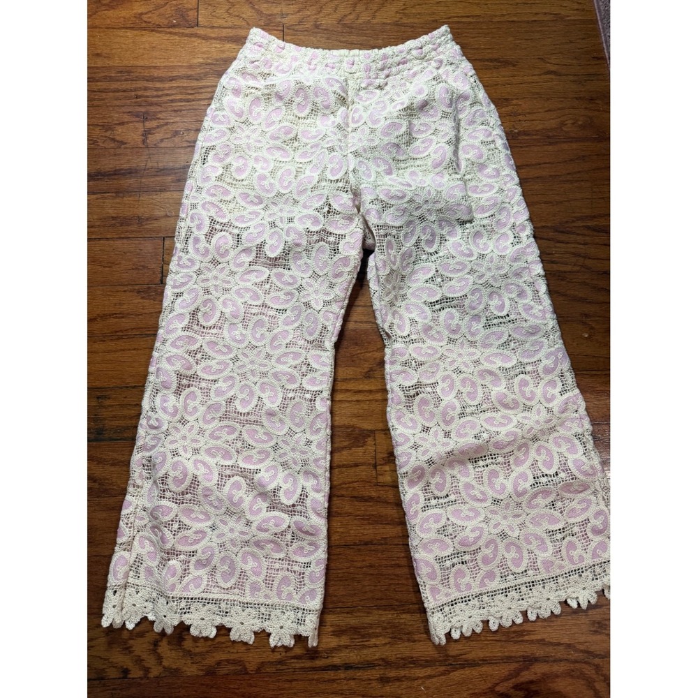 Jade by Johnny Was Pink Cream Crochet Lace Paisley Wide Leg Crop Pants Small